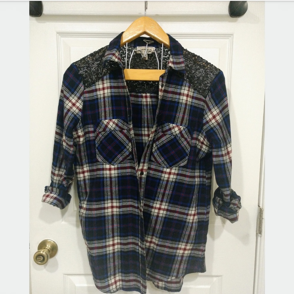 Express Sequins Flannel Button Down Shirt